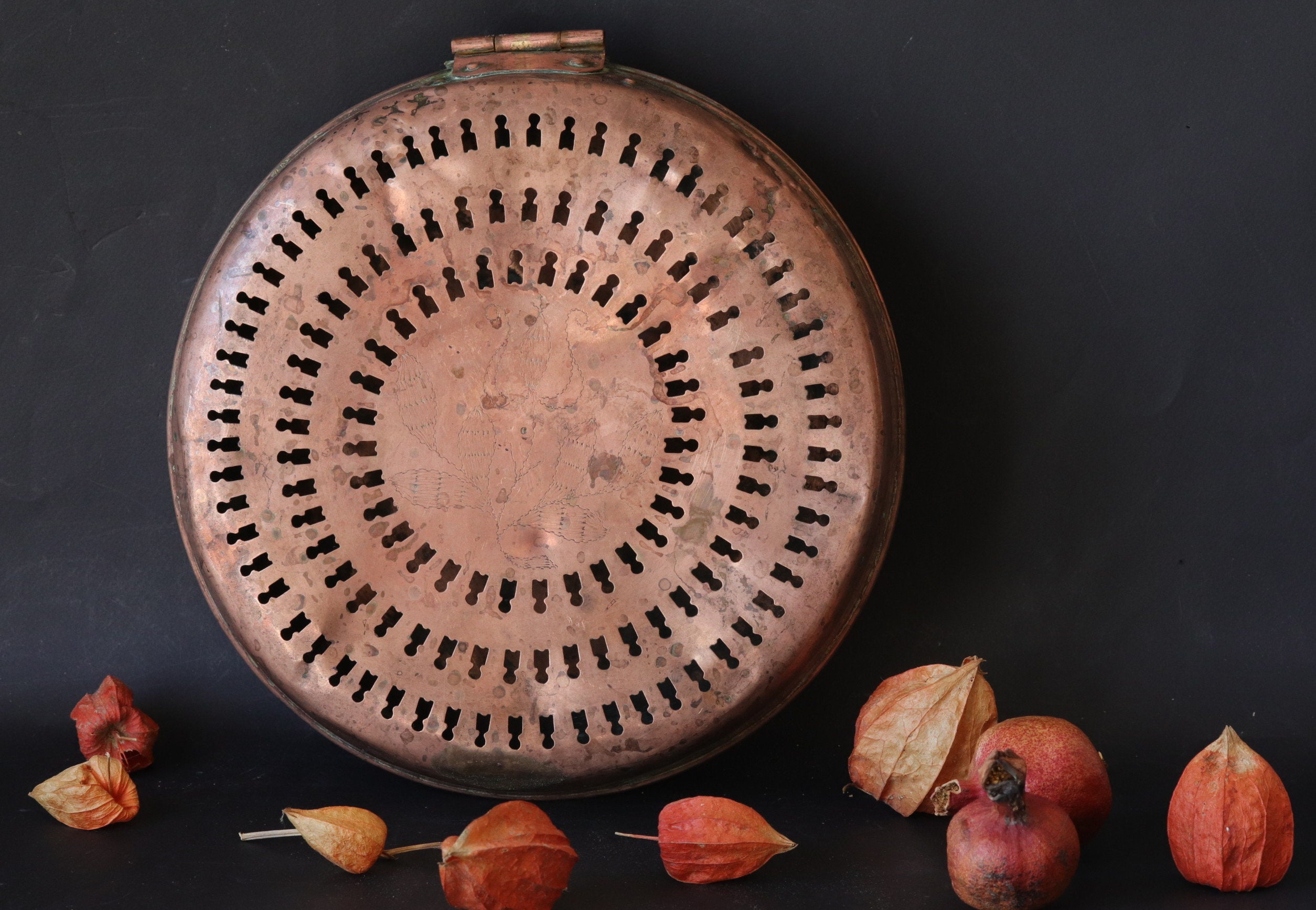 Rare Antique Round Copper Foot Heater, 1900S Bed Warmer, Openwork Metal, Français Country Style, Rus