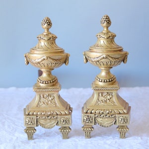 Pair of French Antique Bronze Andirons Louis XVI style Firedogs, 1800s Chateau Fireplace Decor