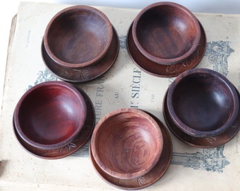 Vintage Wood Appetizer Set, 5 Small Wooden Bowls with Engraved Floral Pattern Saucers, Rustic Wood Pinch Bowls and Small Plates