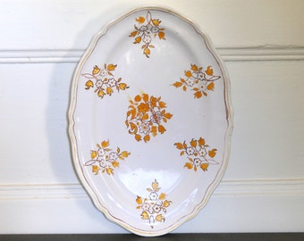 Vintage Longchamp Oval Dish, 1980s White Earthenware, Yellow Flower Decor, Scalloped Serving Plate, Provencal Style, French Country Kitchen