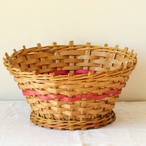 French Vintage Woven Bark Basket with Red Band, Flared Round Rustic Fruit Basket