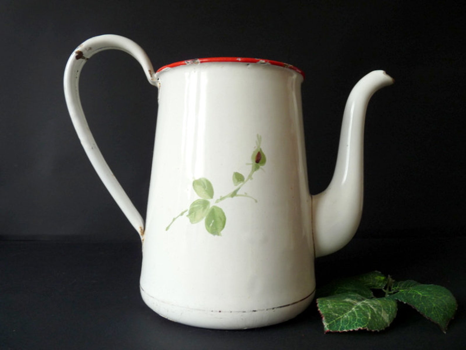 Antique White Enamel Coffee Pot With Floral Design Rustic Etsy