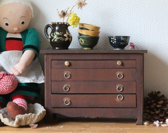 Vintage Wooden Doll Dresser, French Miniature Chest of Drawers, 1950s Handmade Child Toy, Retro Nursery Decor, Jewelry Box, Shabby