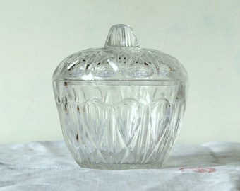 French vintage molded glass candy box, retro sugar bowl with intricate glass decor, 1950s pressed glass box with lid