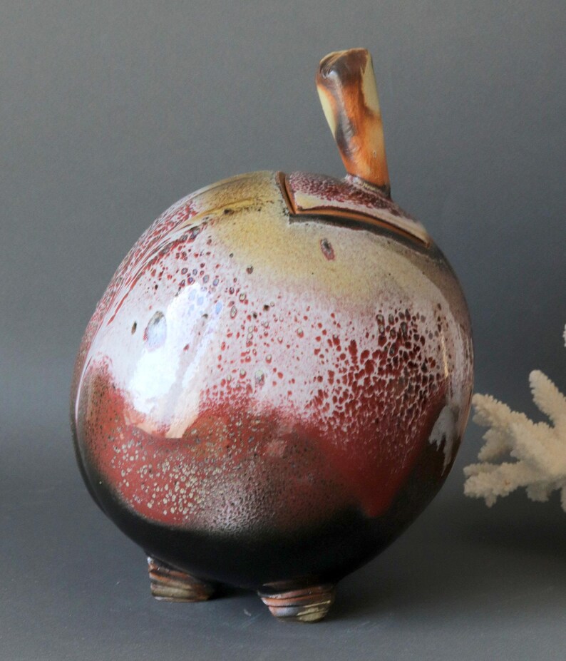 French vintage plum shaped studio pottery, 1970s rustic glazed ceramic pot with lid, primitive style decor,natural inspiration pottery image 6