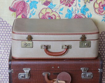 French Vintage Beige Cardboard Suitcase, 1950s  Retro Luggage