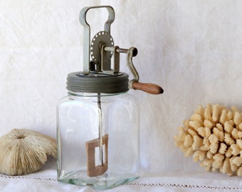 French Antique Square Glass Butter Churn,Rustic 1920s Country Kitchen,Industrial, Primitive, Rustic Farmhouse Decor, Unique Gift for Gourmet