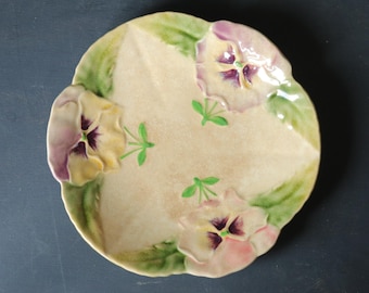 French antique CHOISY le ROI dessert plate with pansy flower decor, rare 1900s majolica decorative dish, wall hanging plate