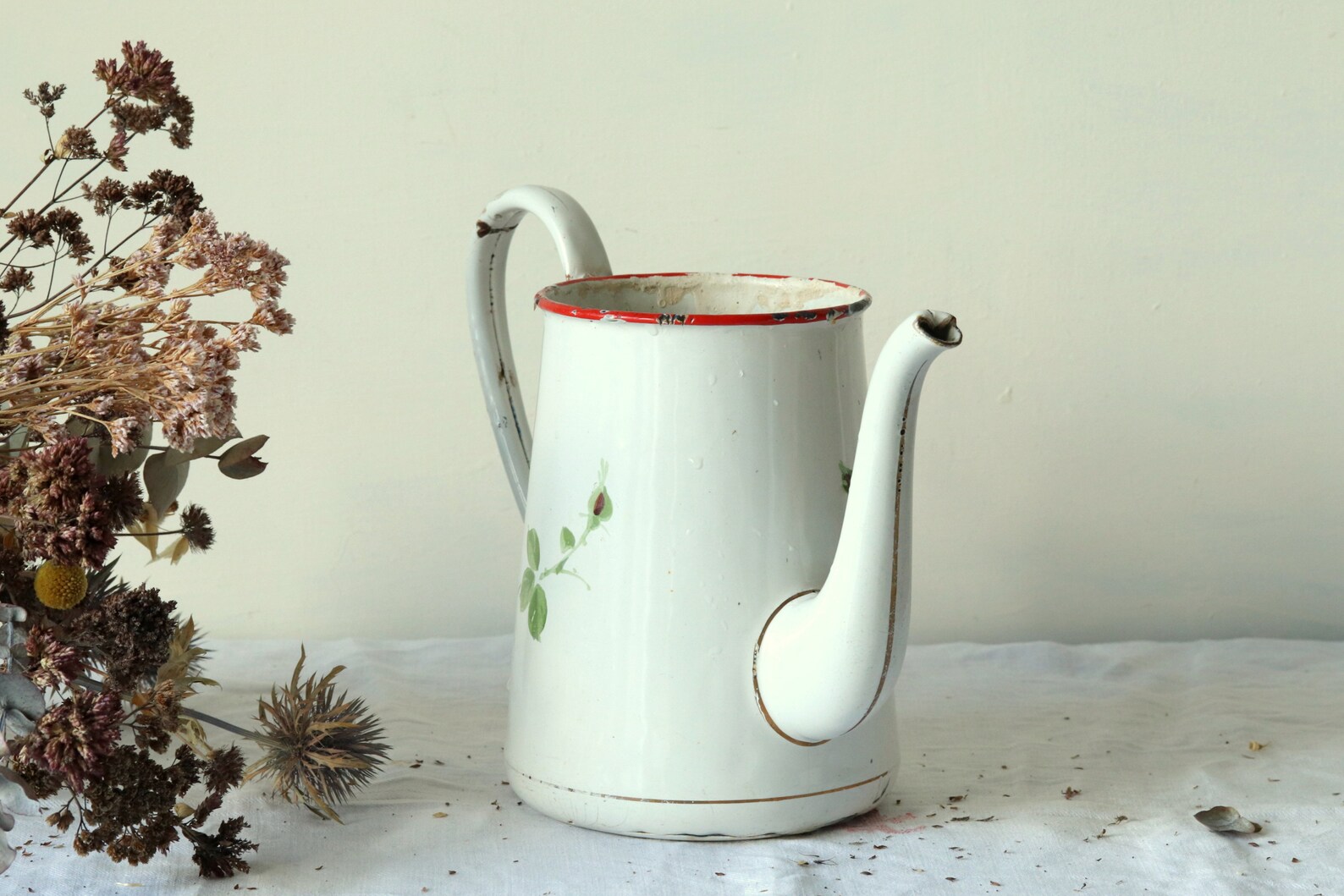 Antique White Enamel Coffee Pot With Floral Design Rustic Etsy