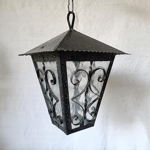 French vintage wrought iron lantern with 4 textured glass panels, SPANISH REVIVAL style hanging light, 1950s rustic porch lighting