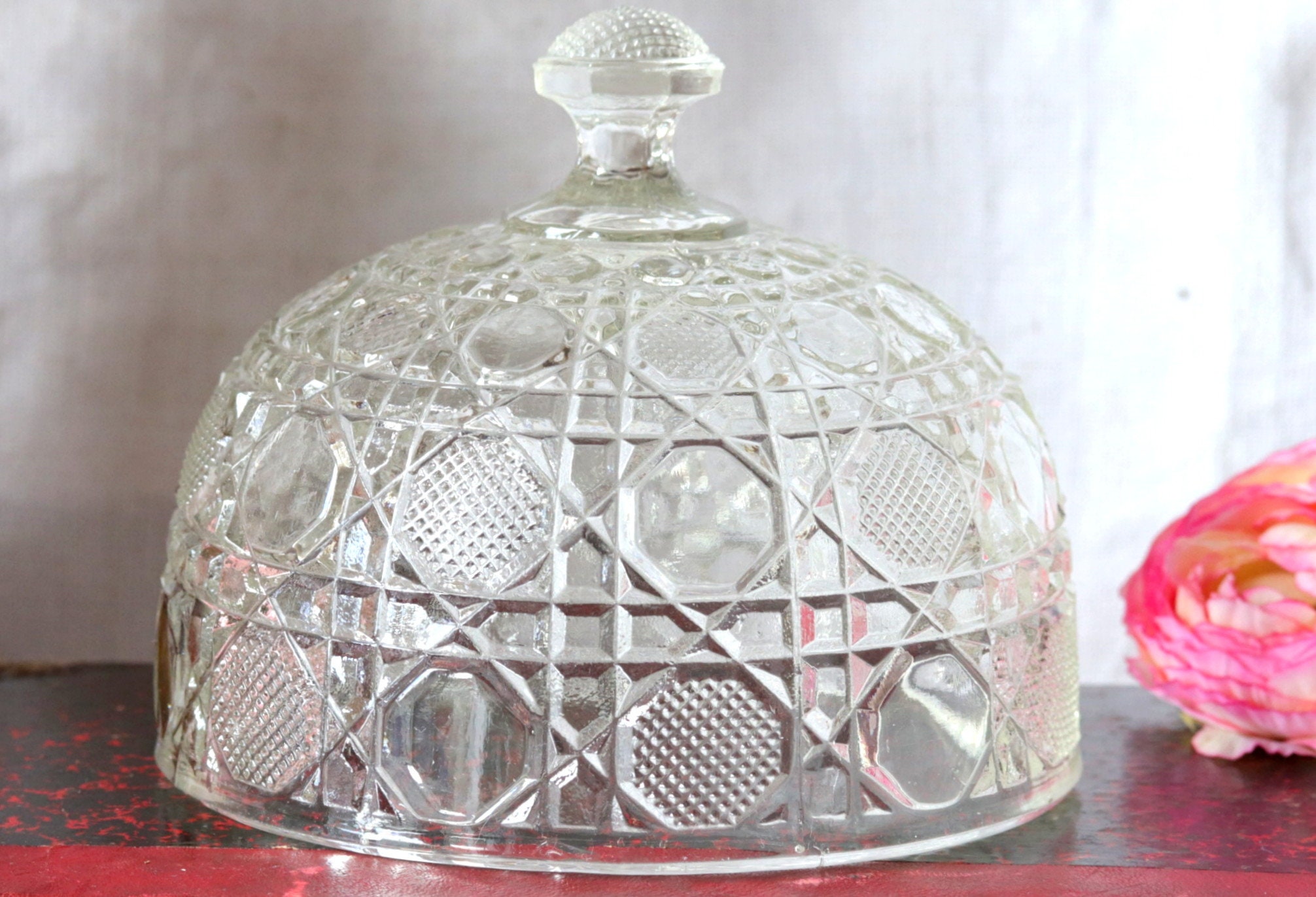 Antique Français Pressed Clear Glass Dome, 1930S Hand Cut Glass, Country Chic, Boho, Vintage Wedding