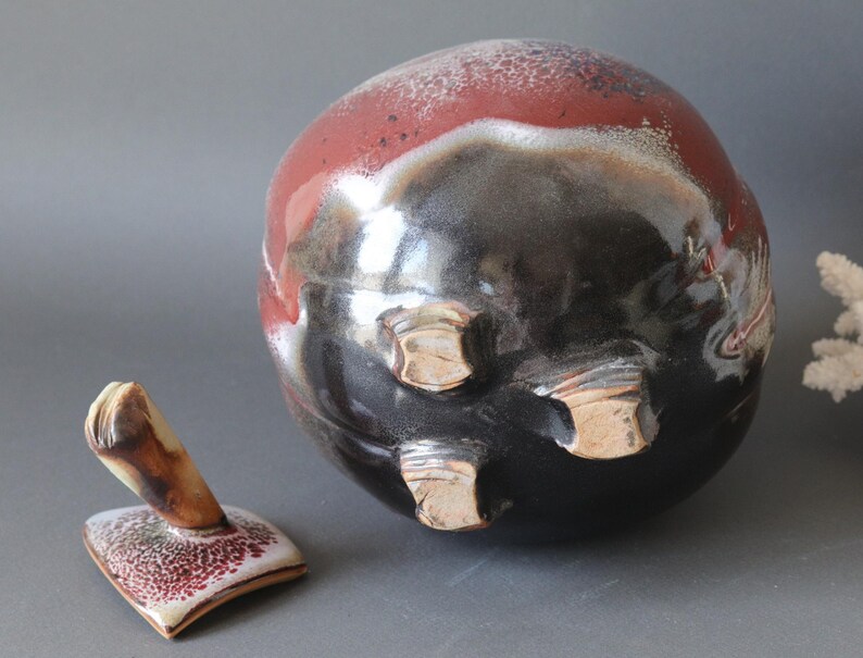 French vintage plum shaped studio pottery, 1970s rustic glazed ceramic pot with lid, primitive style decor,natural inspiration pottery image 9