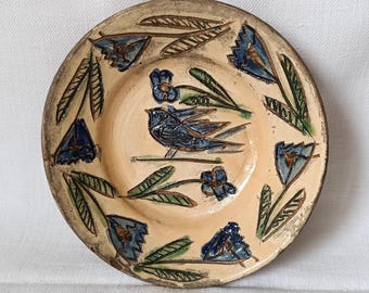 Vintage decorative stoneware plate with rustic blue engraved bird and flower decor, collectible wall plate , Spanish studio pottery bowl
