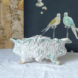 Antique French Cast Iron Planter: Rococo Decor, Green & White, 1900s