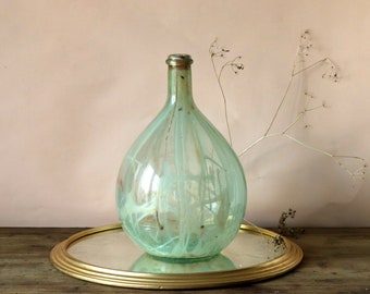 French Antique Green Demijohn with Inside Wax Dripping Decor, Authentic Rustic Large Wine Bottle
