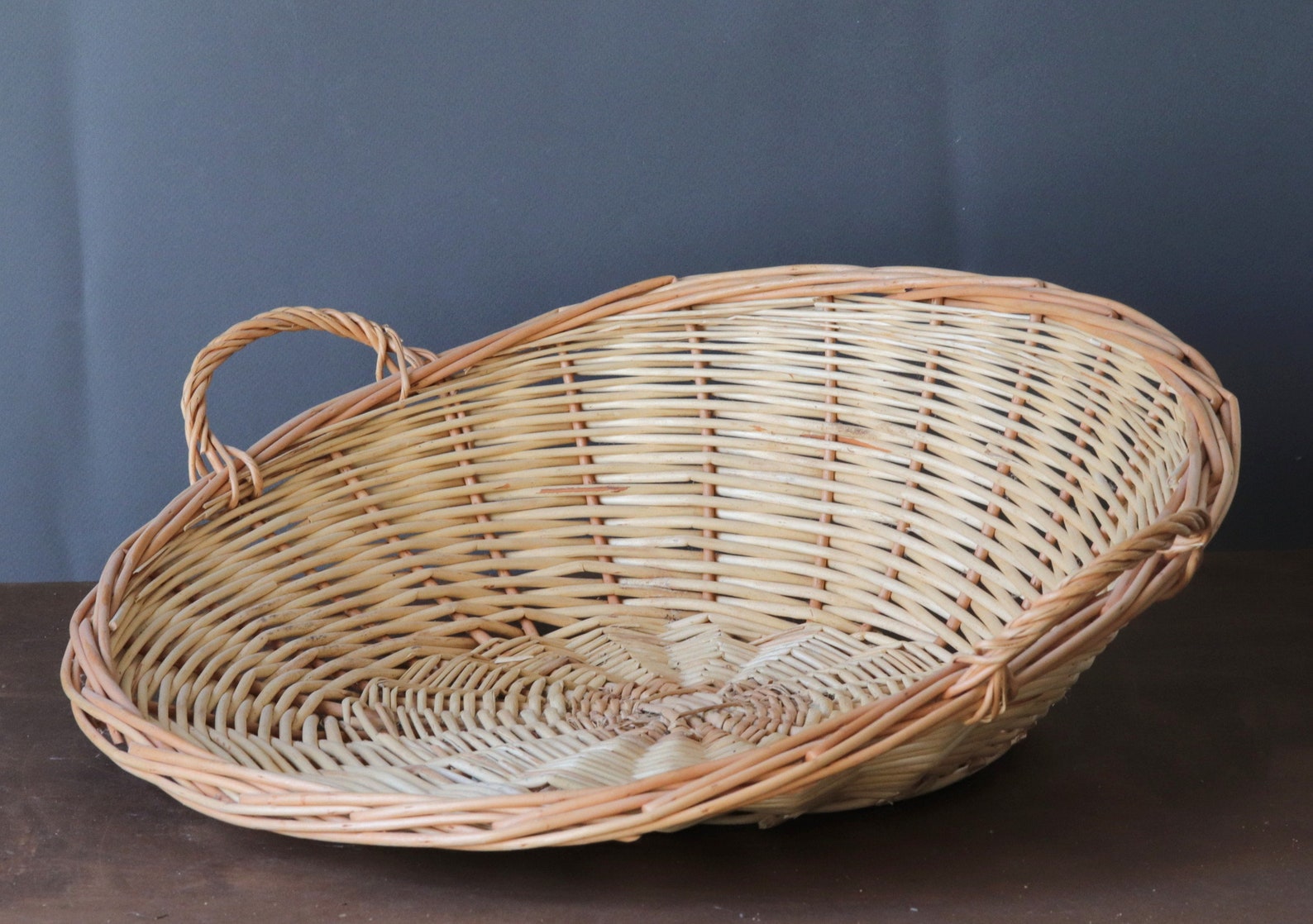 French Vintage Large Flat Wicker Picking Basket With Handles Etsy