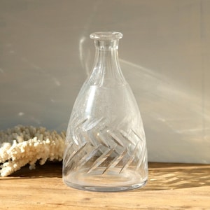 French Vintage Crystal Decanter with Hand Cut Decor, 1920s Thick Blown Crystal Bottle