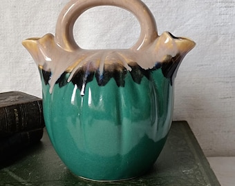 French Vintage Turquoise Ceramic Jug with Beige Dripping Decor and Double Spout, 1950s Glazed Water Pitcher with Top Handle, Vallauris Style