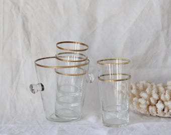 5 Vintage  Blown Glass Tumblers & Ice Bucket with Gilded Decor, French Cocktail Set, Retro Barware Decor