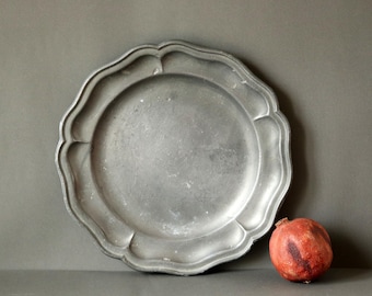 Antique French Pewter Plate: Scalloped Edge, Rustic Home Decor