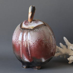 French vintage plum shaped studio pottery, 1970s rustic glazed ceramic pot with lid, primitive style decor,natural inspiration pottery image 2