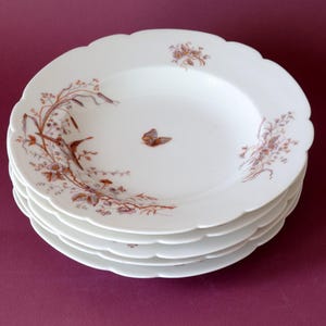 Vintage French Porcelain Soup Plates: Bird & Floral Transferware, Set of 5