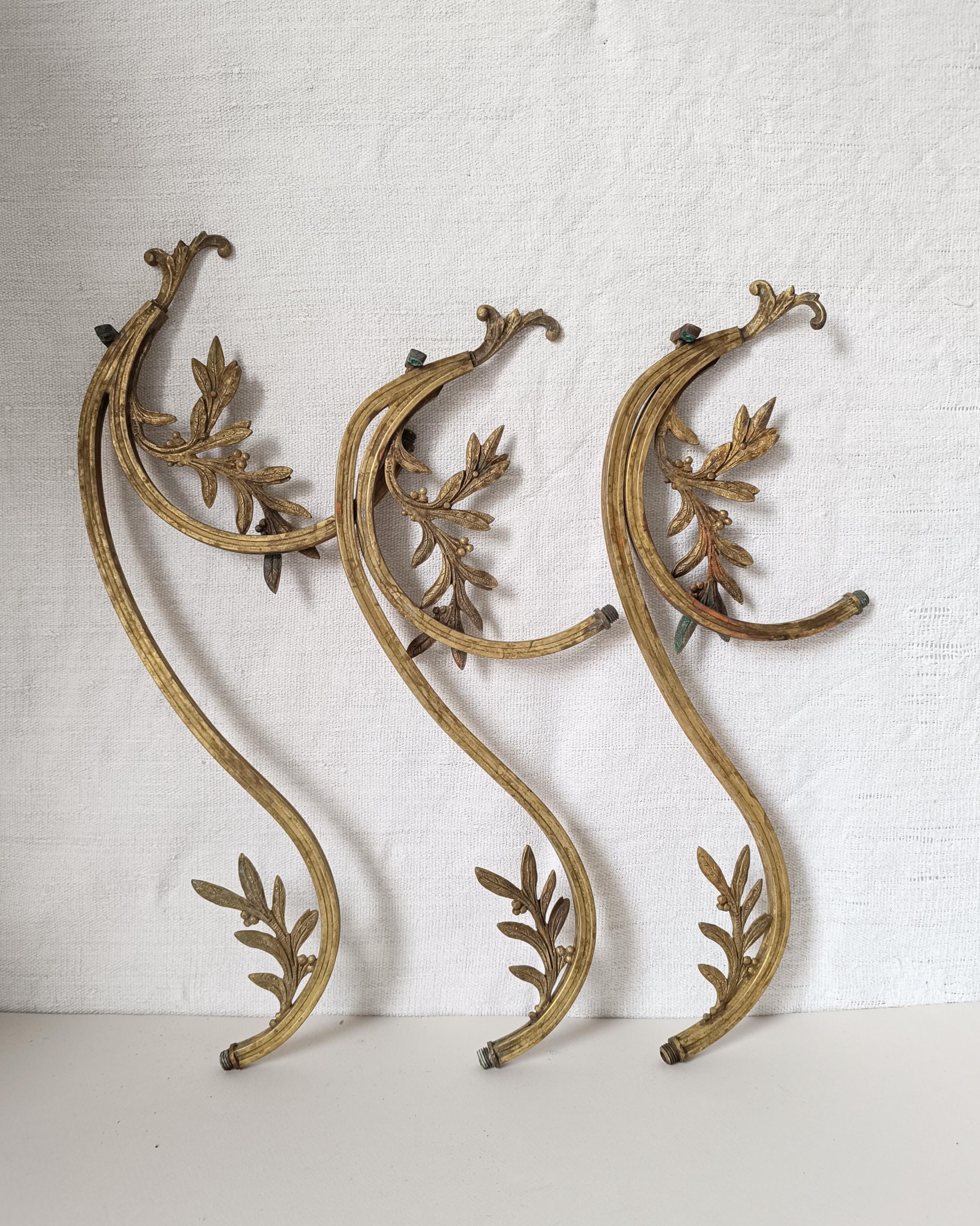 French antique brass candelabra ornaments, 1800s church candlestick fragments, 3 golden metal laurel leaf decor, baroque wall decor