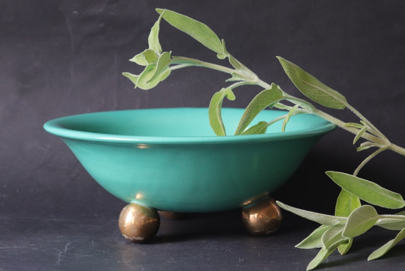 Vintage Turquoise Earthenware Footed Bowl wit Gilded feet, 1950s Czech Ceramic in Hollywood Regency Style image 7