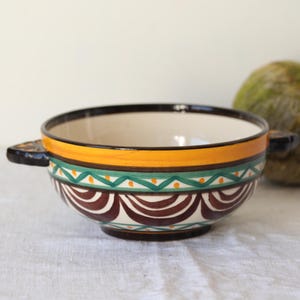 Vintage Quimper Style Breton Bowl: French Earthenware with Ear Handles