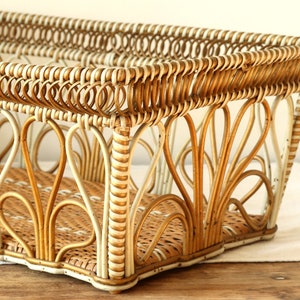 Rare large French antique bamboo basket, basket with white and gold scrolled side decor, elegant hamper basket, handmade laundry basket
