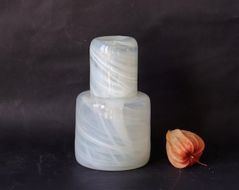 RARE 1970s MAURICE VIEIL White Molten Glass Decanter and Glass with White Twirled Decor, French Vintage Blown Glass Small Cafafe and Tumbler