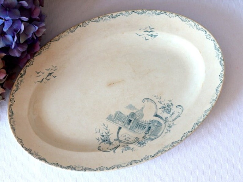 French Antique St Amand Oval Serving Dish, 1900s White Earthenware, Blue Decor, Vintage Dinnerware, Jeanne d'Arc Living, Unique Wedding Gift image 2