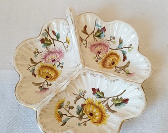 French Antique Divided Serving Tray with Floral Decor, 19th Victorian Divided Candy Dish Platter with Handle