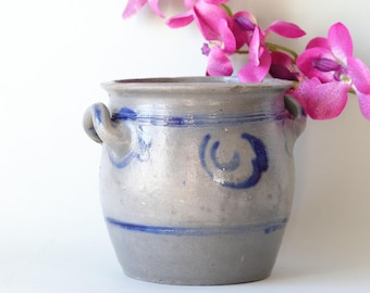 French Antique BETSCHDORF Confit Pot, Alsace Salt-Glazed Stoneware Jar, Large Gray Vase Cobalt Blue Primitive Decor, Country Kitchen Storage