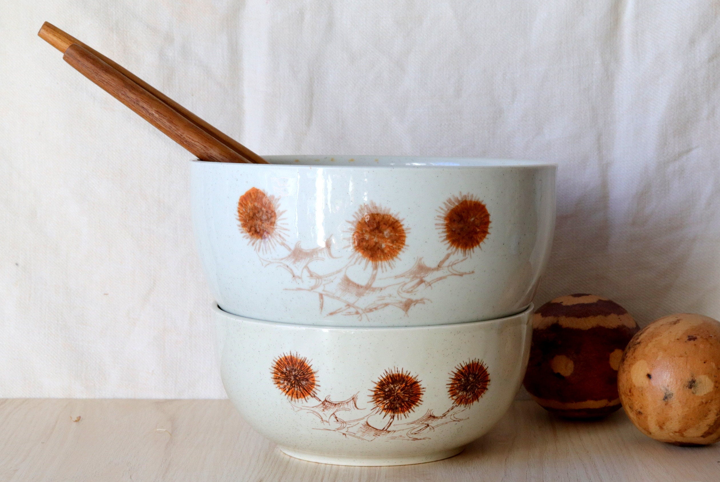 Français Saladiers Vintage Digoin, Motif de Chardon Des Années 1970, Céramique Beige Mouchetée, Déco