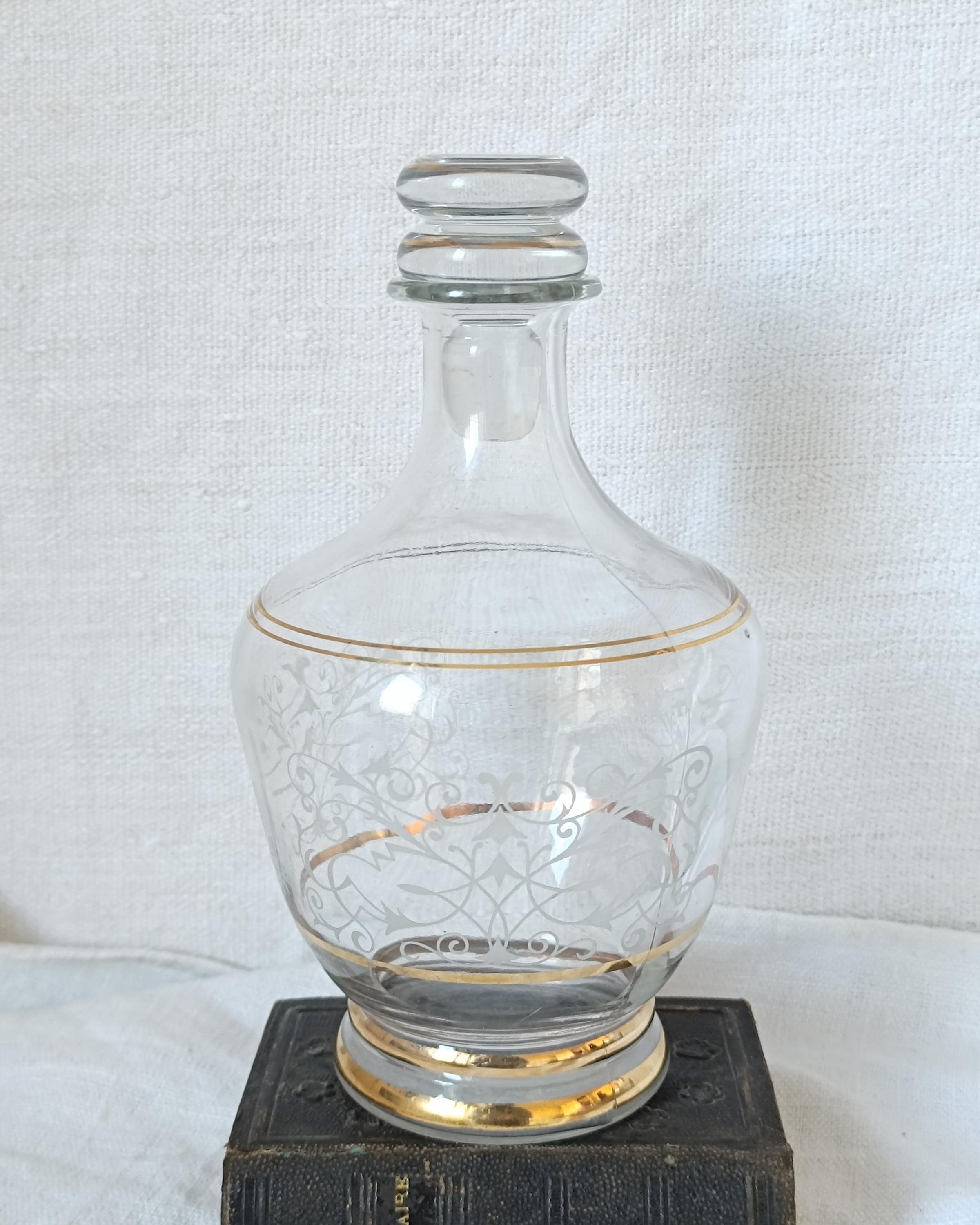 1930s French Glass Decanter: Vintage Sherry Bottle With Gilded
