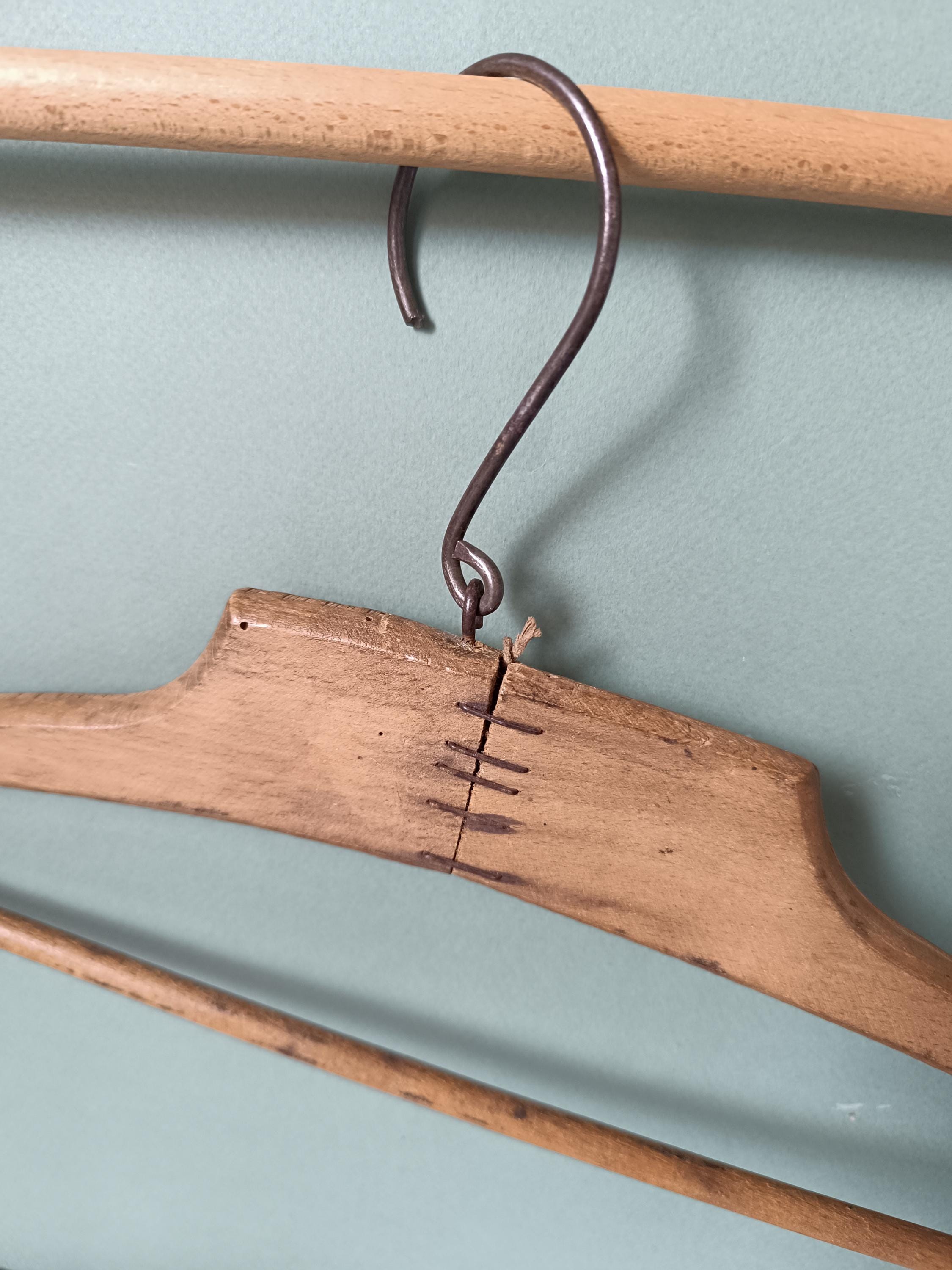 6 Vintage Wood Coat Hangers: 1950s Mismatched Clothing Hanger Set