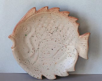 French Vintage Stoneware Fish Shaped Plate, 1970s Studio Pottery, Seafood Serving Dish, Decorative, Minimalist, Boho, Beach House Decor