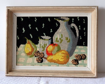 Vintage Needlepoint Fruit Still Life, 1950s Tapestry Wall Art, Mid Century Limed Wood Frame, Rustic Kitchen, Boho Decor, French Country Home