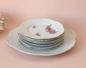 Antique French White Porcelain Dessert Plates and Cake Dish with Rose Garland Transferware and Scalloped Rims, 6 Small Plates and Pie Dish