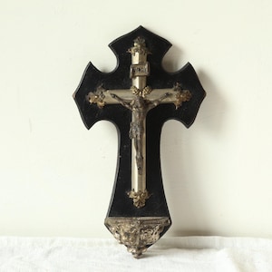 Antique French Crucifix with Stoup with Metal Christ, Decorative Black Wooden Wall Cross with Holy Water Font, Home Altar Crucifix