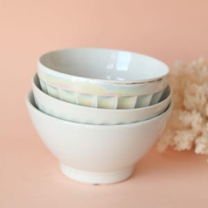 3 French Vintage White Coffee Bowls, DIGOIN and LONGCHAMP Earthenware Footed Bowls, White Ironstone Breakfast Bowls, Jeanne d&#39;Arc Living