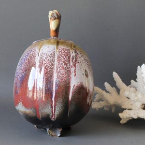 French vintage plum shaped studio pottery, 1970s rustic glazed ceramic pot with lid, primitive style decor,natural inspiration pottery image 5