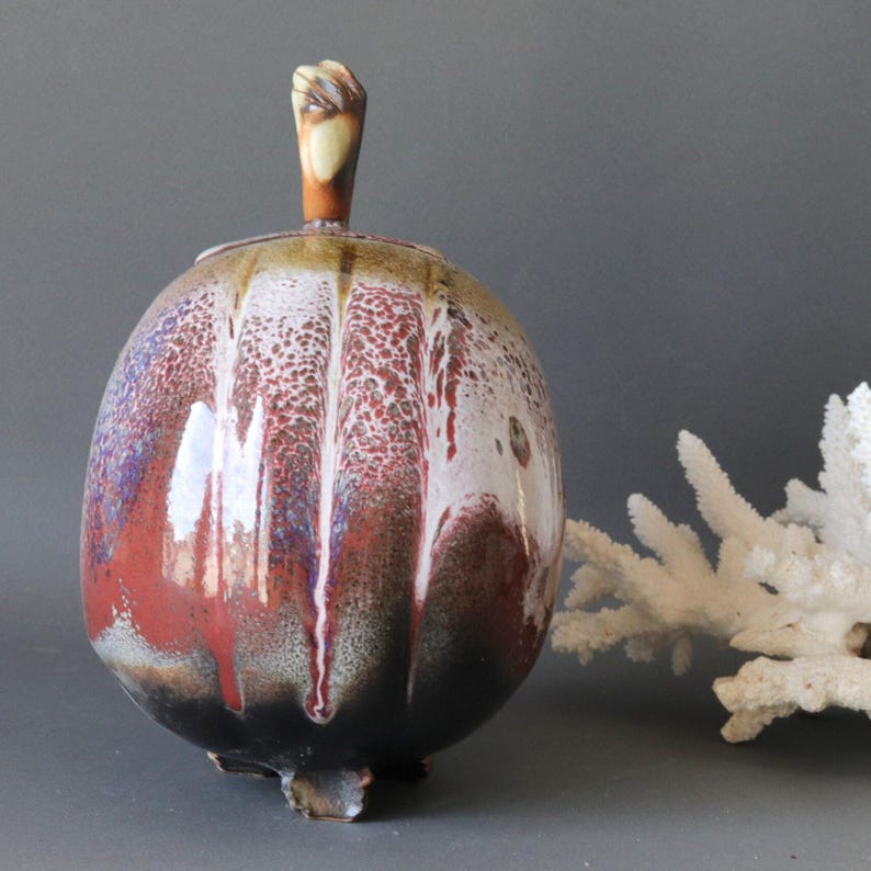 French vintage plum shaped studio pottery, 1970s rustic glazed ceramic pot with lid, primitive style decor,natural inspiration pottery image 5