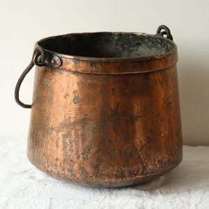 Antique French Copper Cauldron with Iron Handle and Handcrafted Mending, Heavy Handmade Hanging Pot for Farmhouse Kitchen, Rustic Planter