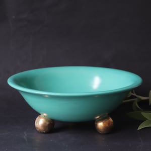 Vintage Turquoise Earthenware Footed Bowl wit Gilded feet, 1950s Czech Ceramic in Hollywood Regency Style image 1