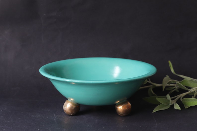 Vintage Turquoise Earthenware Footed Bowl wit Gilded feet, 1950s Czech Ceramic in Hollywood Regency Style image 1