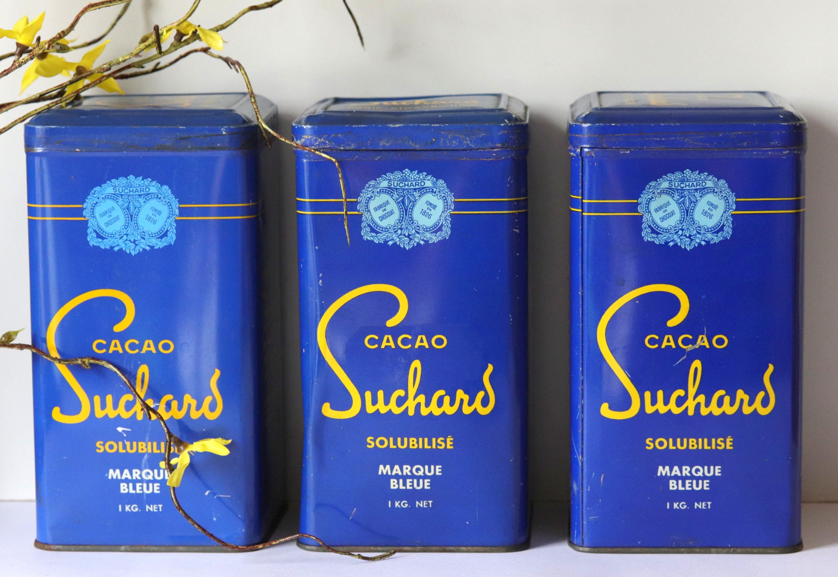 3 Suchard Cocoa Vintage Boxes, Années 1950 Français Advertising Metal Tins, Royal Blue, Rare & Authe