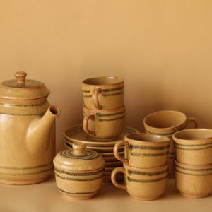 French 1970s DIGOIN coffee set, vintage ochre coffee pot sugar bowl and cups and saucers, rustic stoneware coffee set for 8