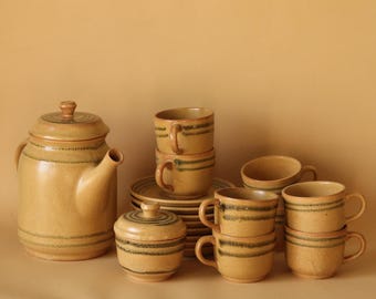 Vintage DIGOIN Coffee Set: French Stoneware Coffee Pot, Sugar Bowl, Cups & Saucers